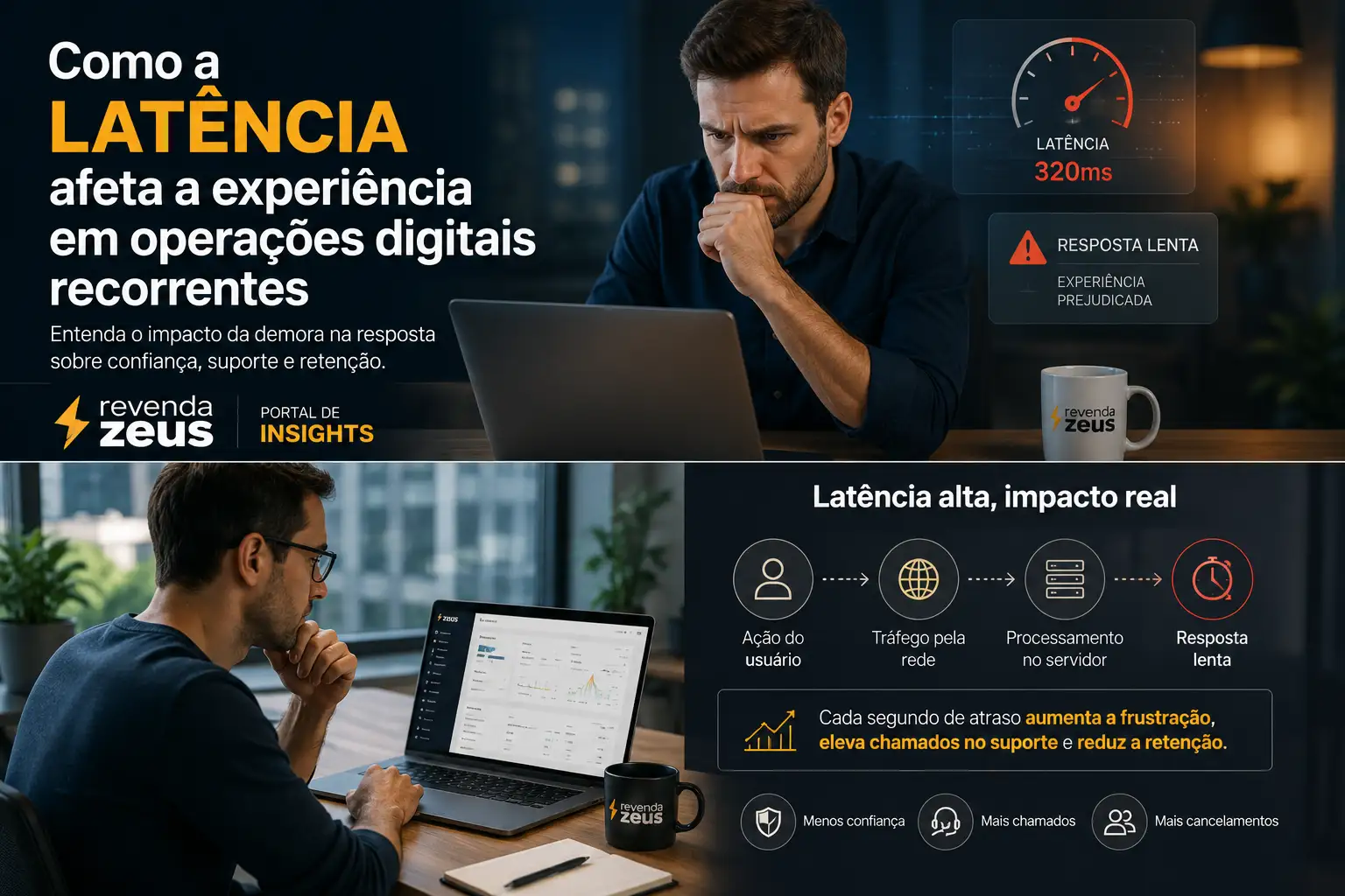 Latência alta e impacto na experiência do cliente Revendedor analisando painel digital com indicadores de latência, resposta lenta e impacto na experiência do cliente