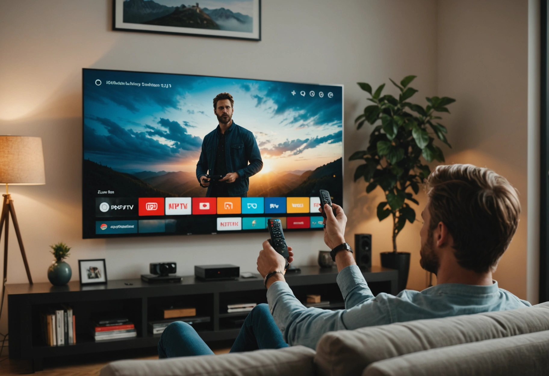 Person using remote control to navigate Zeus Play on smart TV in