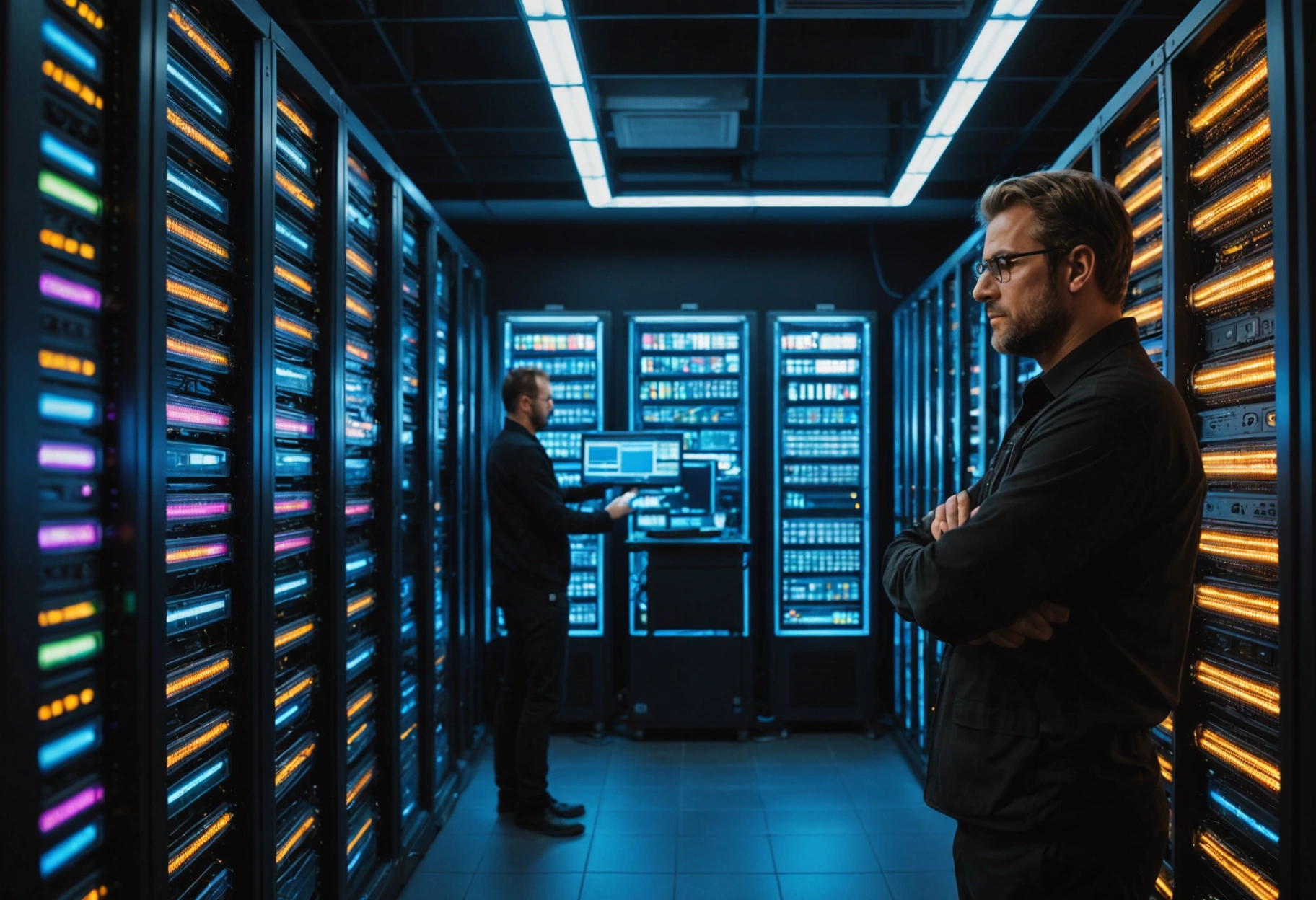 Technician in a modern IPTV server room with glowing LED lights