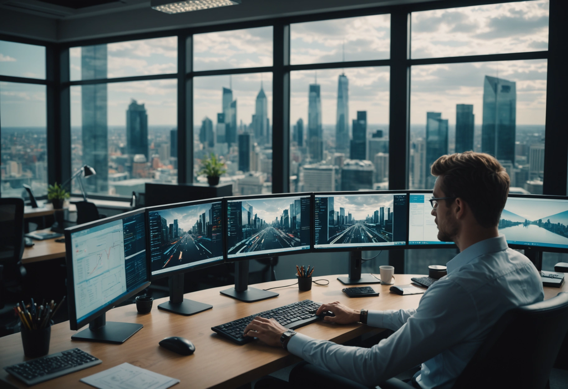 Young professional working on IPTV server analytics in a modern office