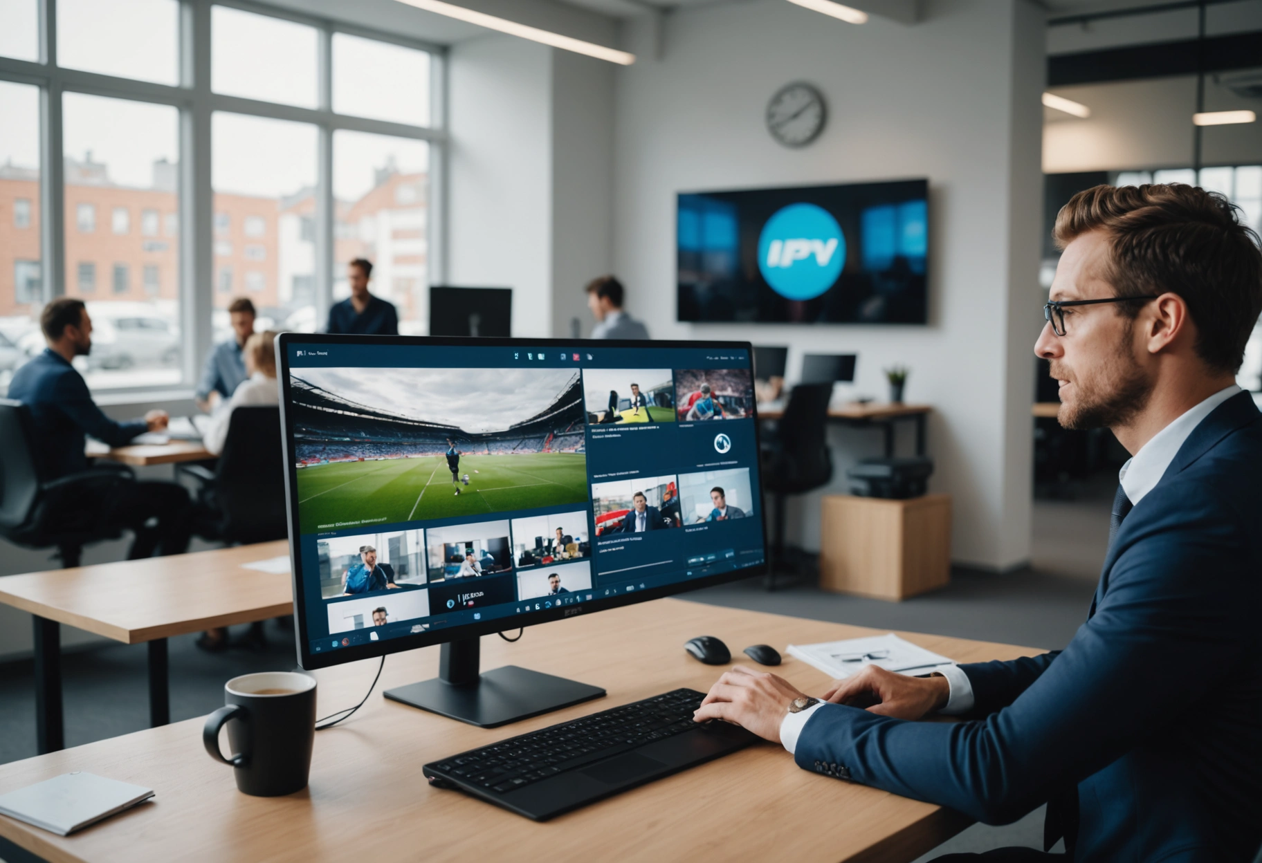 Modern office with digital screen showing IPTV content and person on a