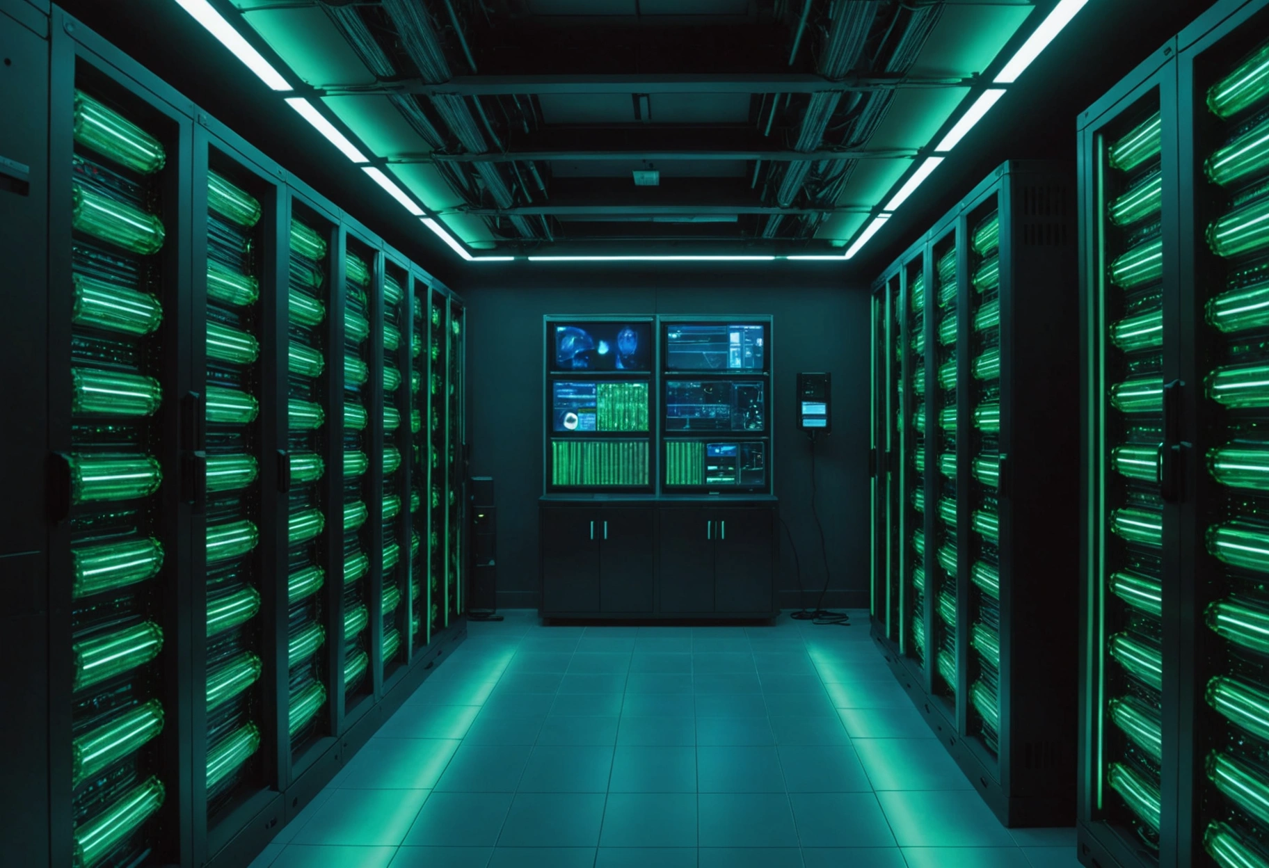 Modern IPTV server room with glowing LED panels and organized servers.