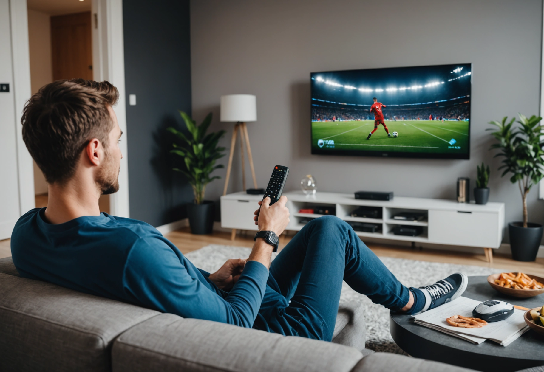 Living room with a large TV displaying sports, viewer enjoying IPTV.
